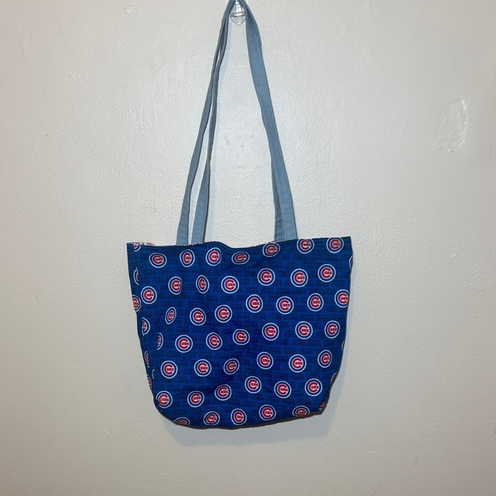Blue Logo Pattern Tote Bag with Gray Straps